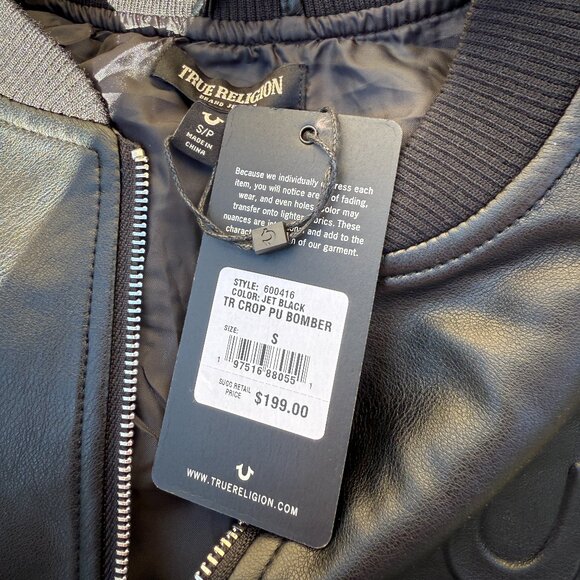 NWT True Religion Vegan Leather Cropped Bomber Jacket - Picture 12 of 14